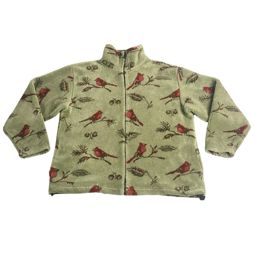 Cardinal Fleece Jacket Womens M Green Bird AOP Full Zip Cottagecore Cabincore